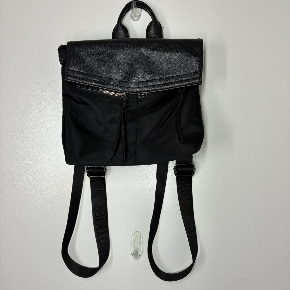 Botkier Backpack Womens Medium Black Nylon Faux Leather Flap Zip Pockets Straps